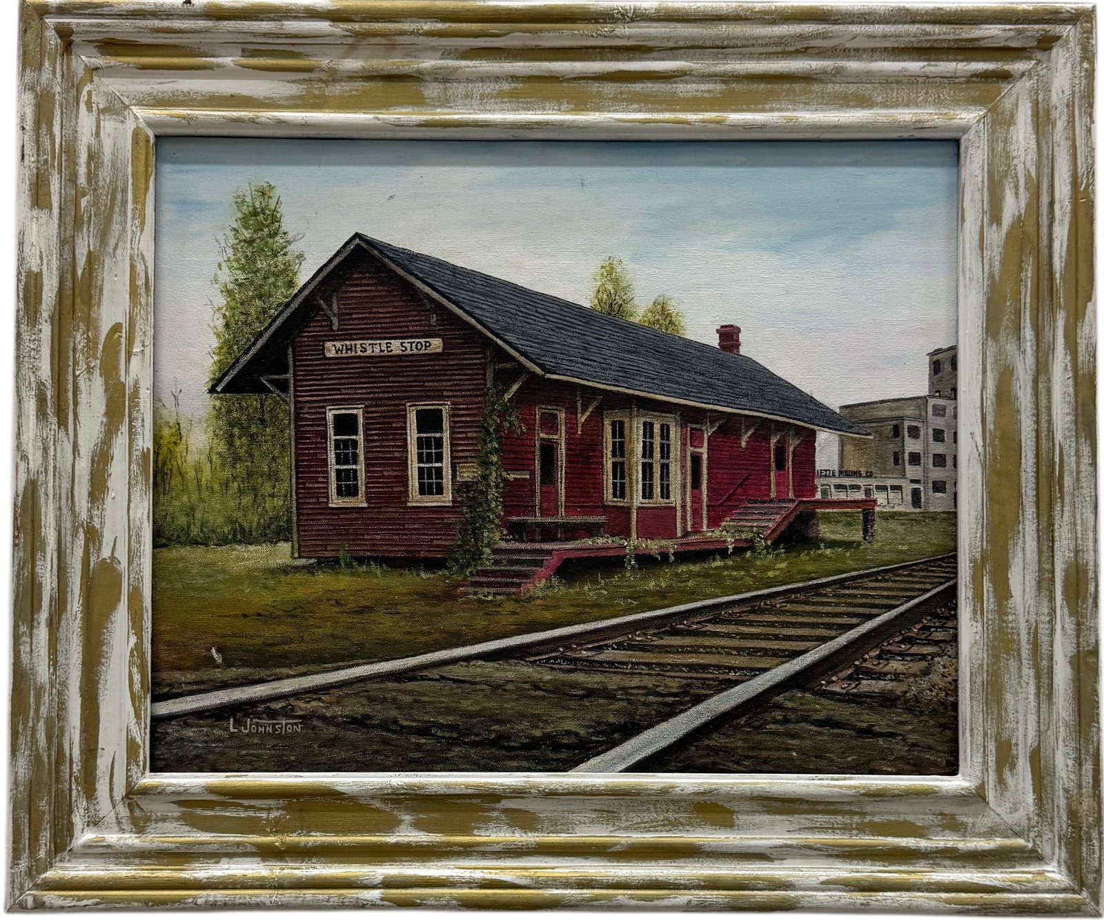 Nicely Framed Vintage American Train Station Signed Oil Painting: Oil painting on canvas 20 x 16 in, 26 x 22 in (framed). Domestic Flat Shipping Price: $55