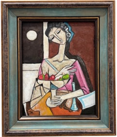 Girl With Fruit Cubist Portrait Signed With Monogram Oil On Board