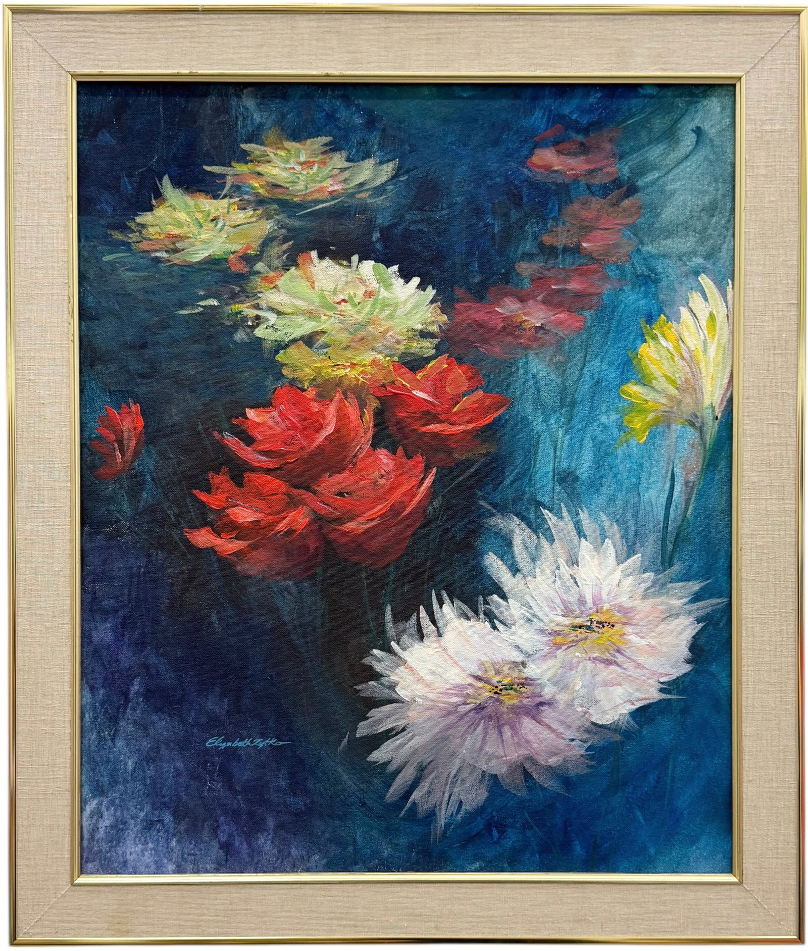 ELIZABETH ZYTKO (20th c, American) Floral Abstract: Oil painting on board 24 x 20 in. 28 x 24 in (Framed). Domestic Flat Shipping Price: $80