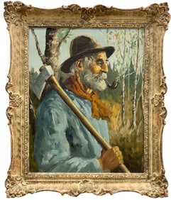 Nicely Framed European School Portrait Of A Man With Pipe Signed Oil Painting