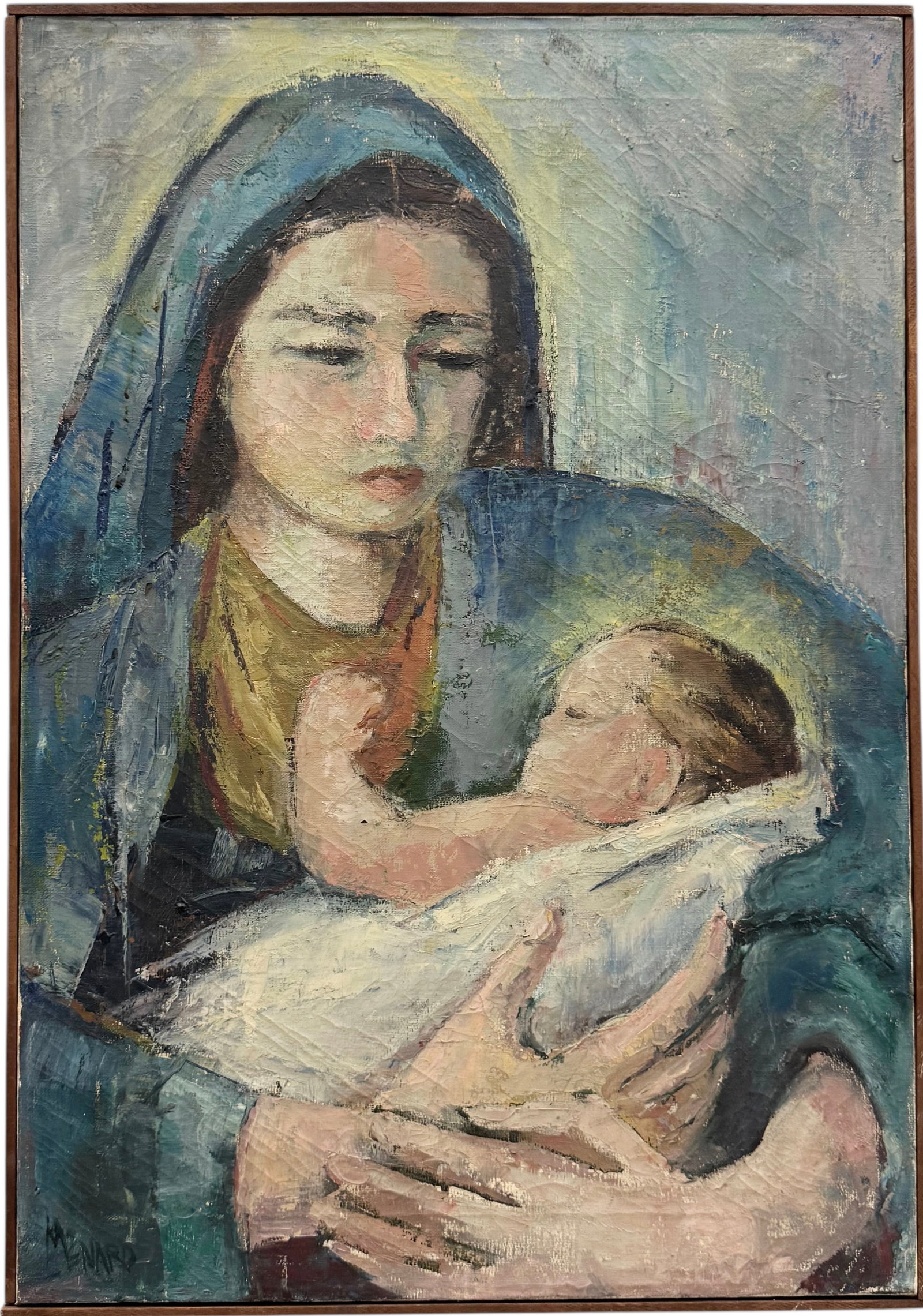 Mid-Century Modernist Madonna & Child Signed Oil Painting: Oil painting on canvas 26 x 18 in. Domestic Flat Shipping Price: $70