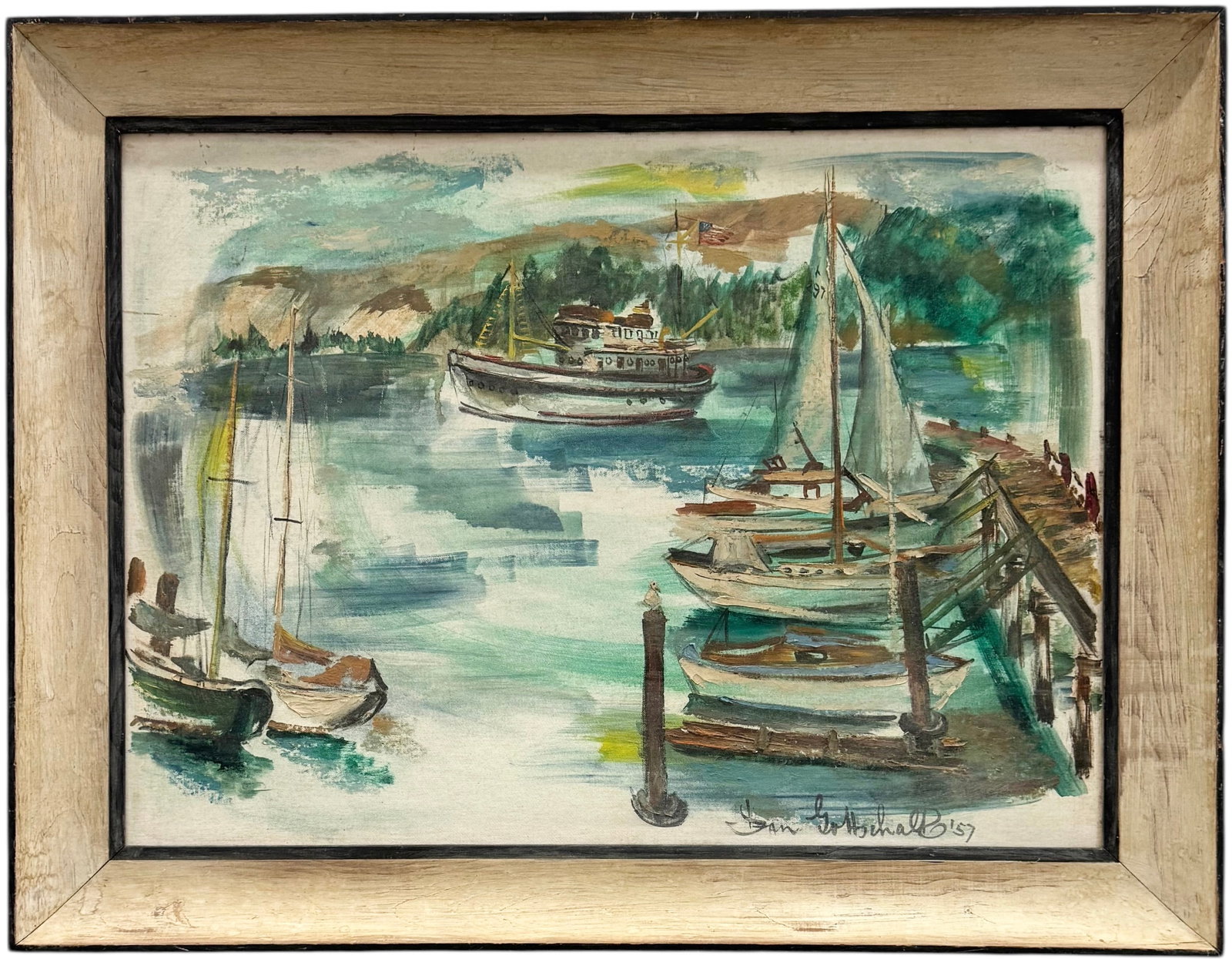 Nicely Framed Mid-Century Modernist Harbor Scene With Boats Signed Oil Painting: Oil painting on board 30 x 22 in, 35 x 27 in (framed). Domestic Flat Shipping Price: $90