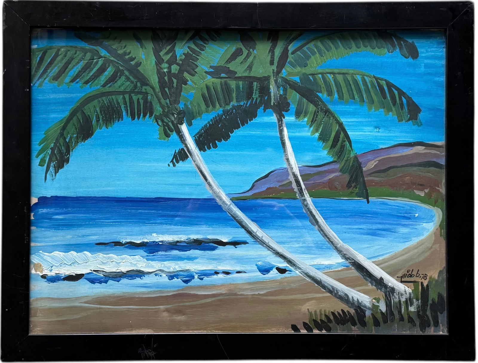 Vintage 1970's Tropical Beach Landscape Signed Acrylic Painting (1 of 3)