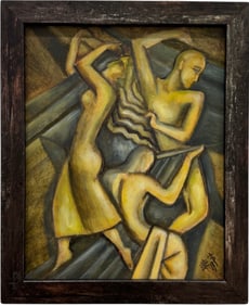 Modern Abstract With Figures Signed With Monogram Oil Painting