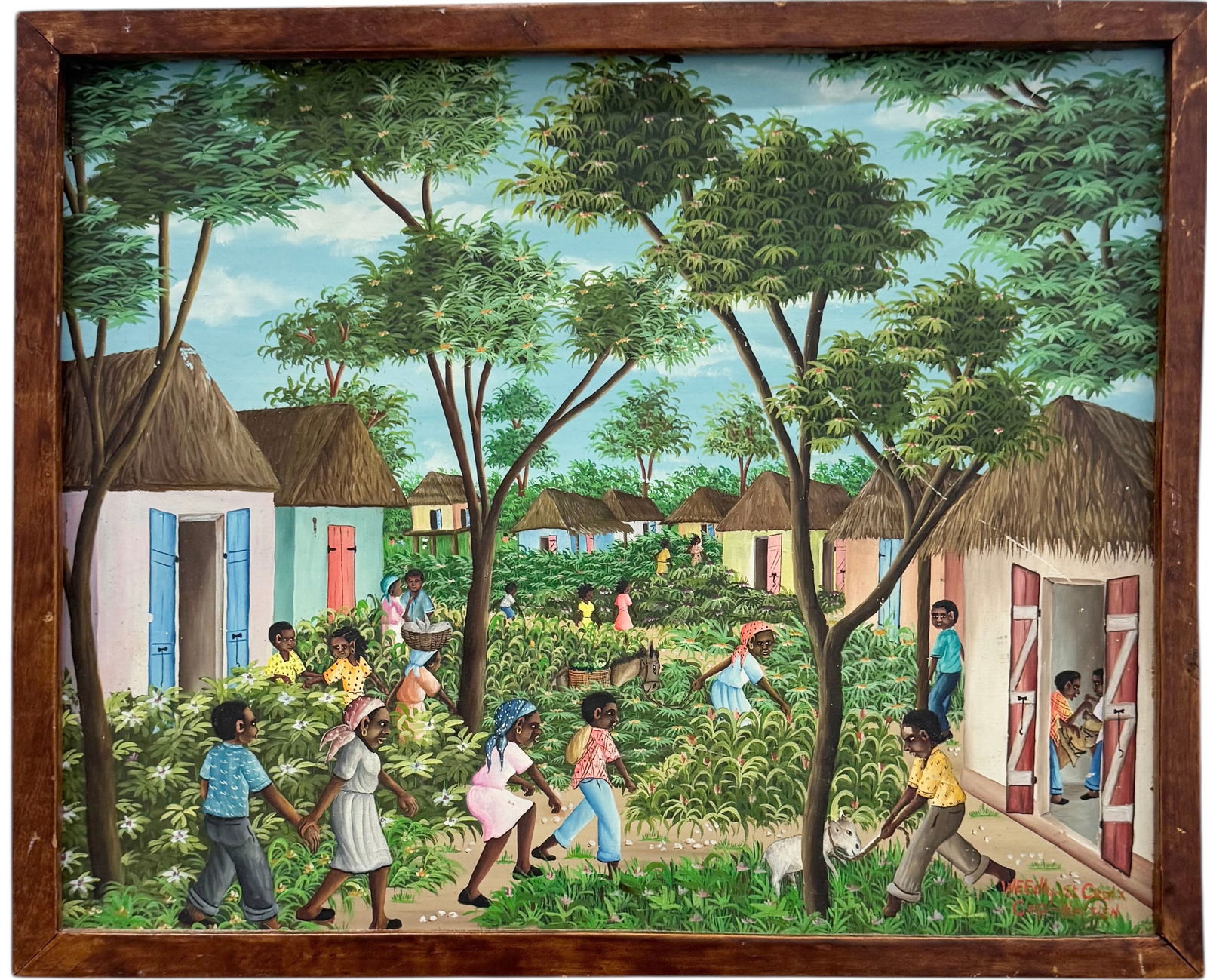 WEEDLY ST CROIX (20th c, Haitian) Village Scene: Oil on masonite 16 x 20 in. Domestic Flat Shipping Price: $55