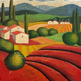 Modernist Tuscan Landscape Oil Painting Heavy Impasto