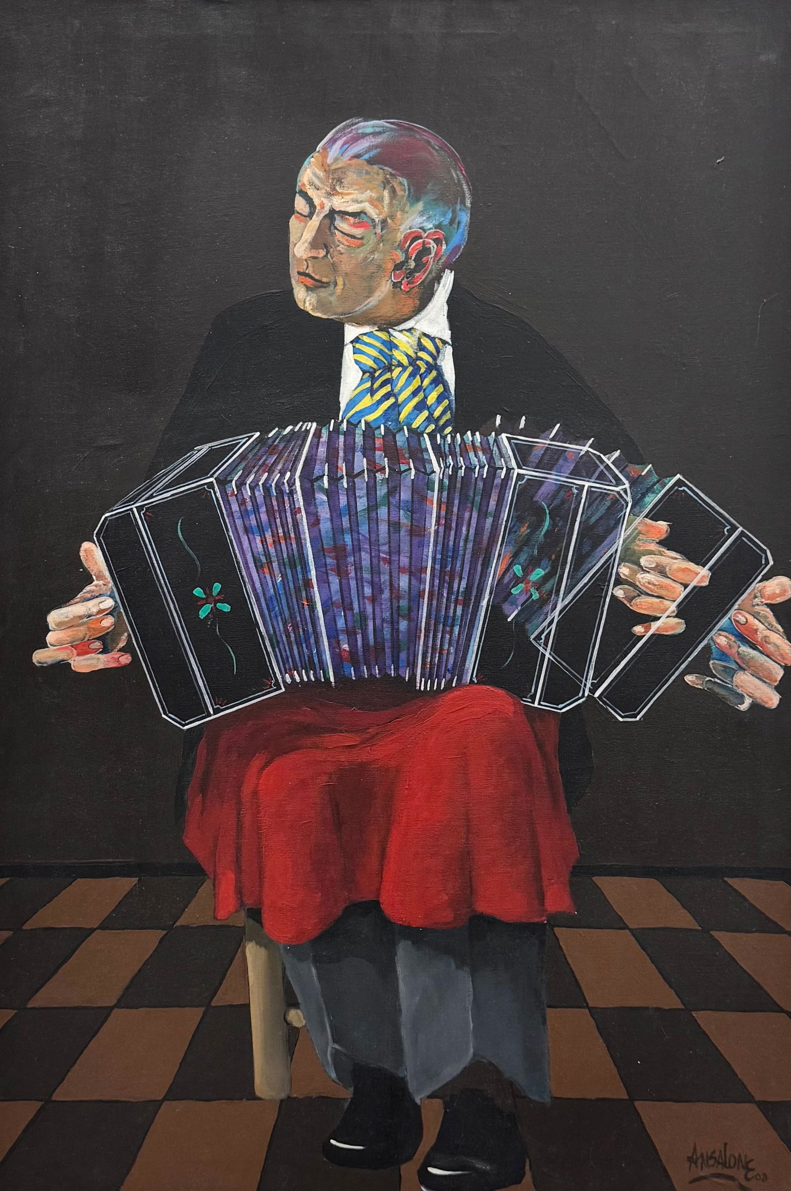 JOSE MARIO ANSALONE (B. 1943, Argentina) Surrealist: Oil on canvas 30 x 20 in. Ansalone is a figurative painter in the "Francis Bacon" style. With a long career spanning over 50 years represented by established galleries worldwide. Domestic Flat Shippin