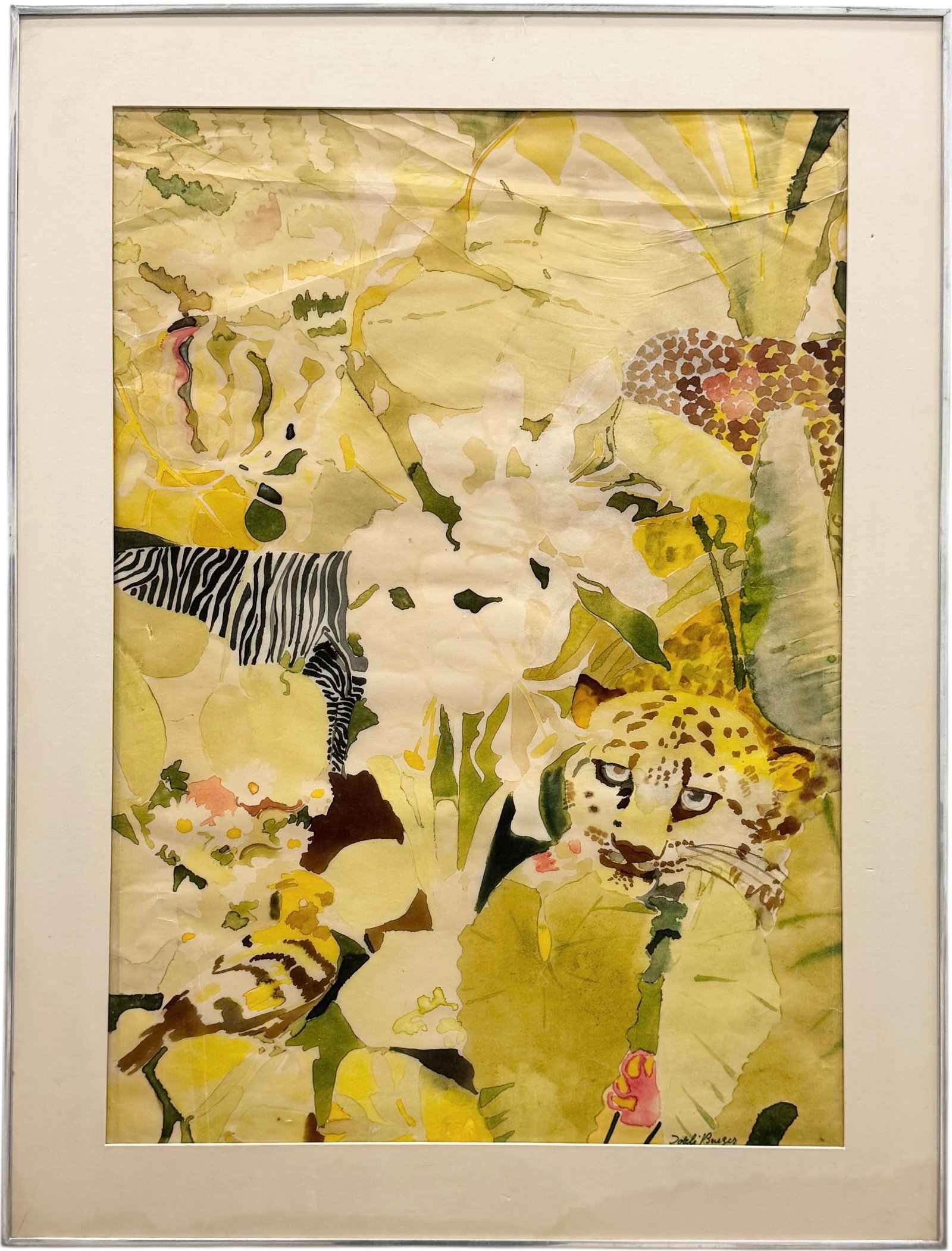 Modernist Abstract With Jaguar Signed Watercolor Painting: Watercolor on paper 40 x 30 in (framed). Domestic Flat Shipping Price: $110