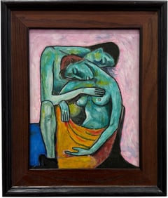 Cubist Painting Of Embraced Figures Signed Oil Painting