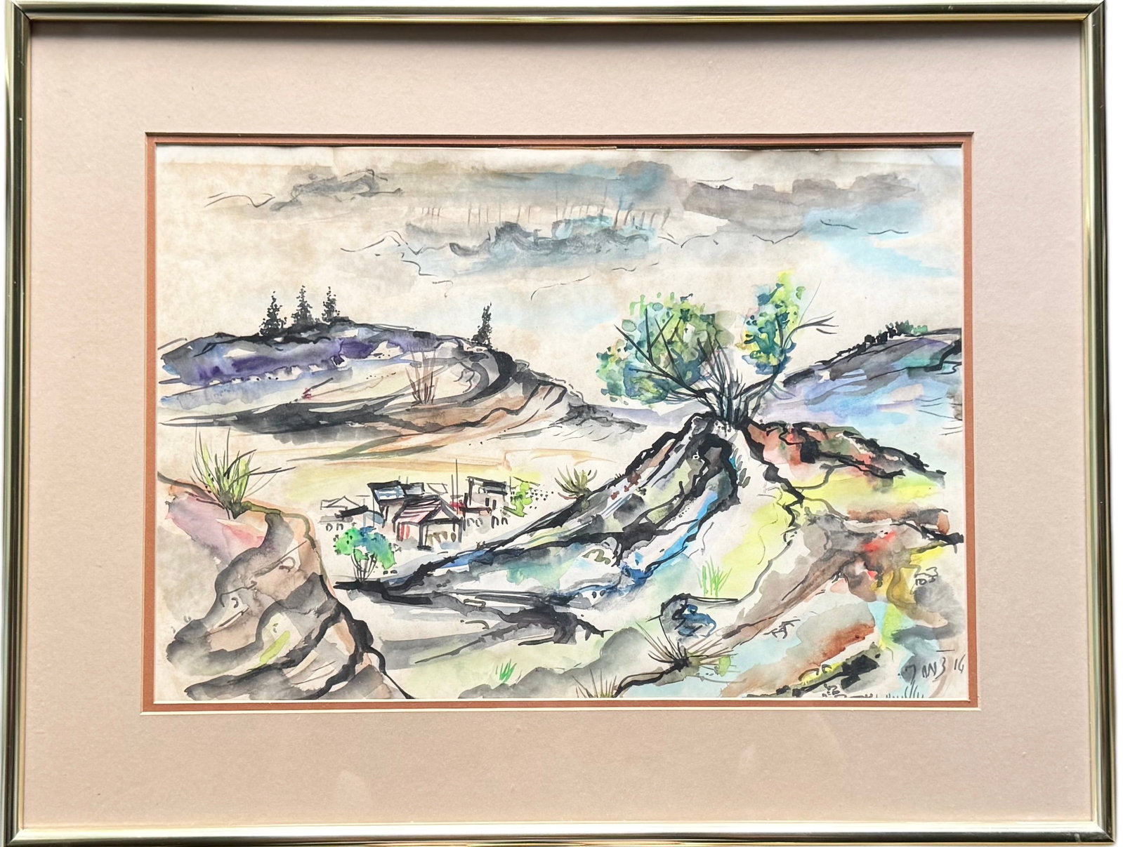 Vintage Israeli Modernist Cityscape Signed Watercolor: Watercolor on paper 17 1/2 x 11 1/2 in, 25 x 18 1/2 in (framed). Domestic Flat Shipping Price: $80