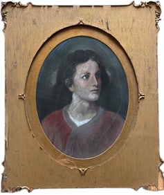 Antique Oval Pastel Portrait In Painted Gold Wooden Frame
