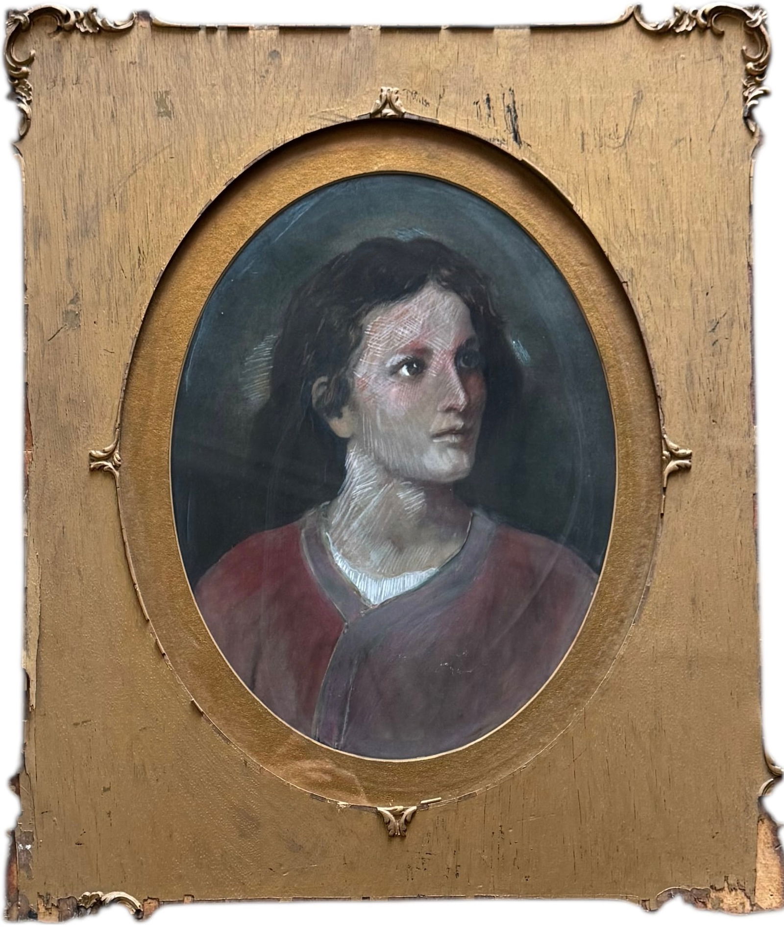 Antique Oval Pastel Portrait In Painted Gold Wooden Frame: 16 1/2 x 12 1/2 in, 25 1/2 x 21 1/2 in (framed).