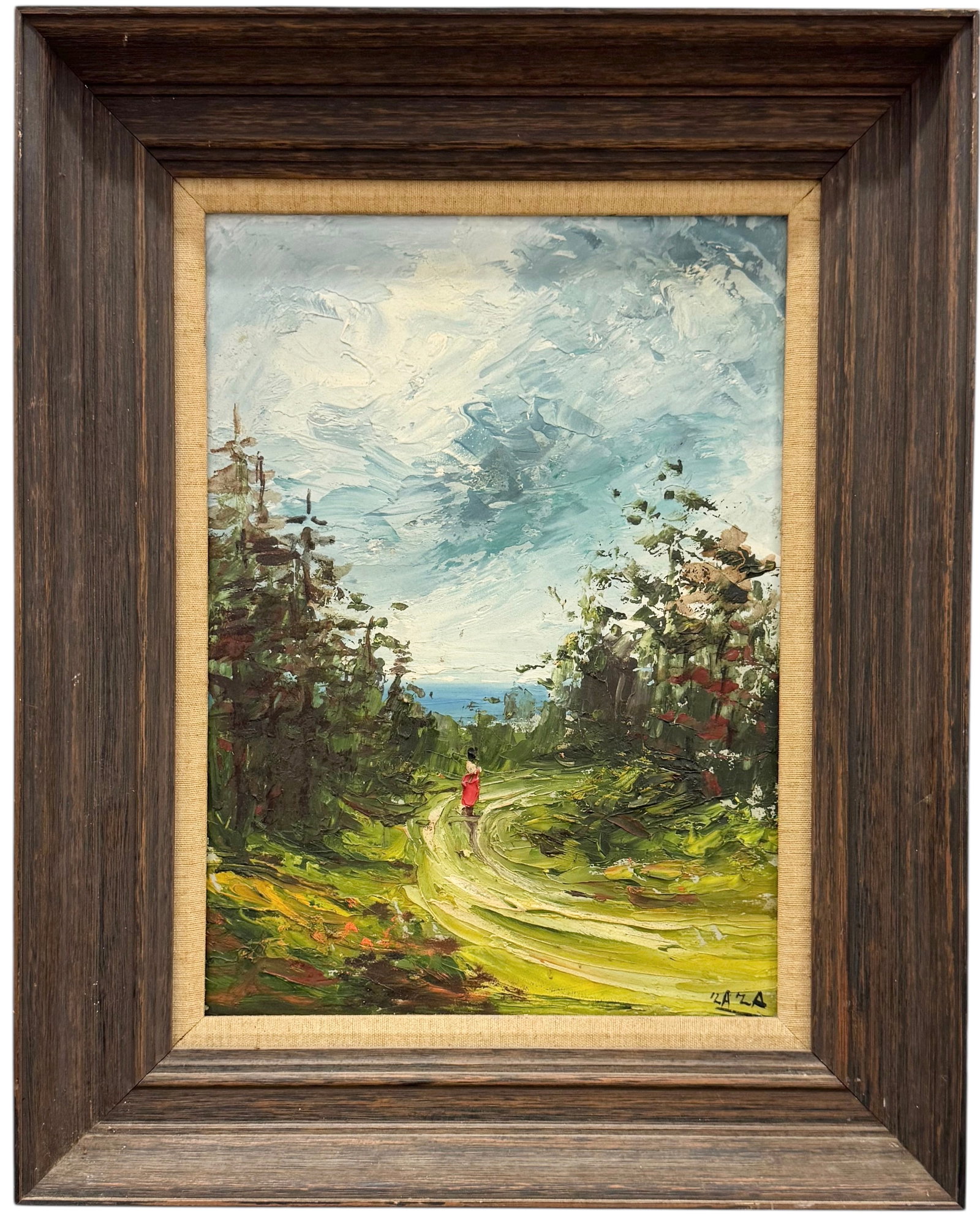 ZAZA MILIEU (20th c, Russian American) Figure In Landscape: Oil painting on board 15 x 11 in, 20 x 16 in (framed). Domestic Flat Shipping Price: $55