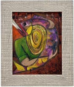 Mexican School Modernist Abstract Of Man Holding Fish Oil Painting