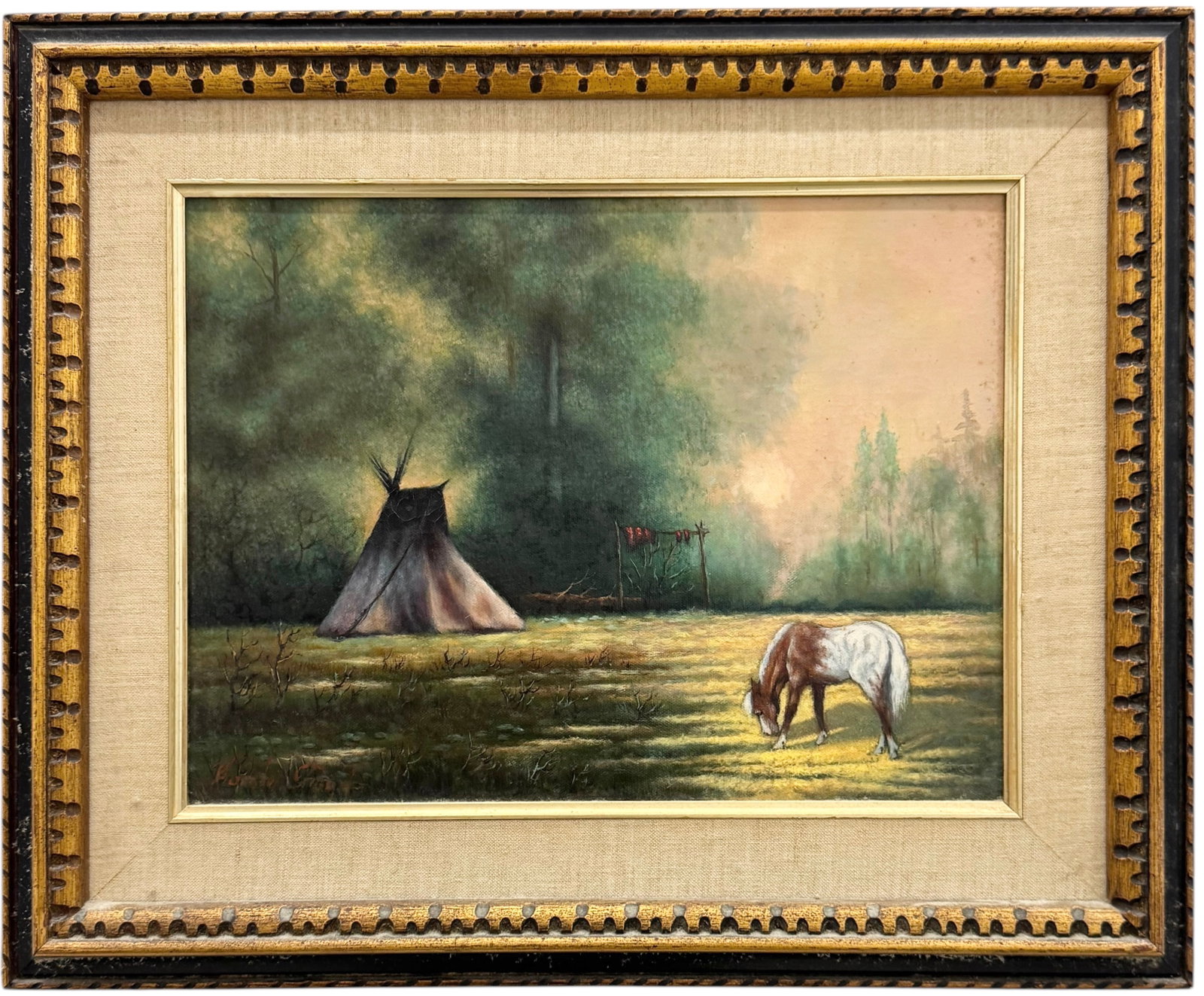 KAROLY FORGO (20th c, Hungarian American) Native American Landscape: Oil painting on canvas 12 x 16 in, 20 x 24 in (framed). Domestic Flat Shipping Price: $55
