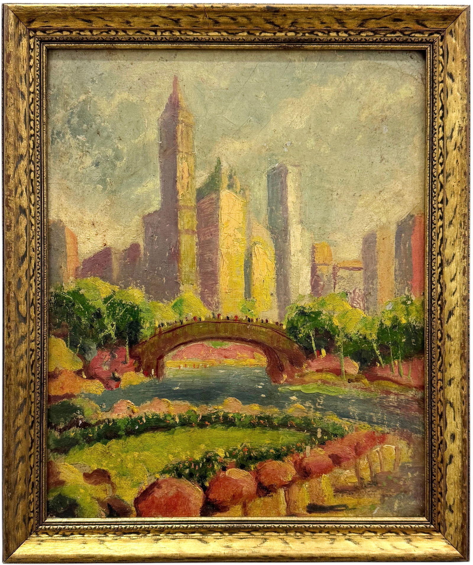 Early 20th Century American Impressionist Landscape Of Central Park New York City: Oil painting on board 16 x 13 in, 18 3/4 x 15 3/4 in (framed). Domestic Flat Shipping Price: $55