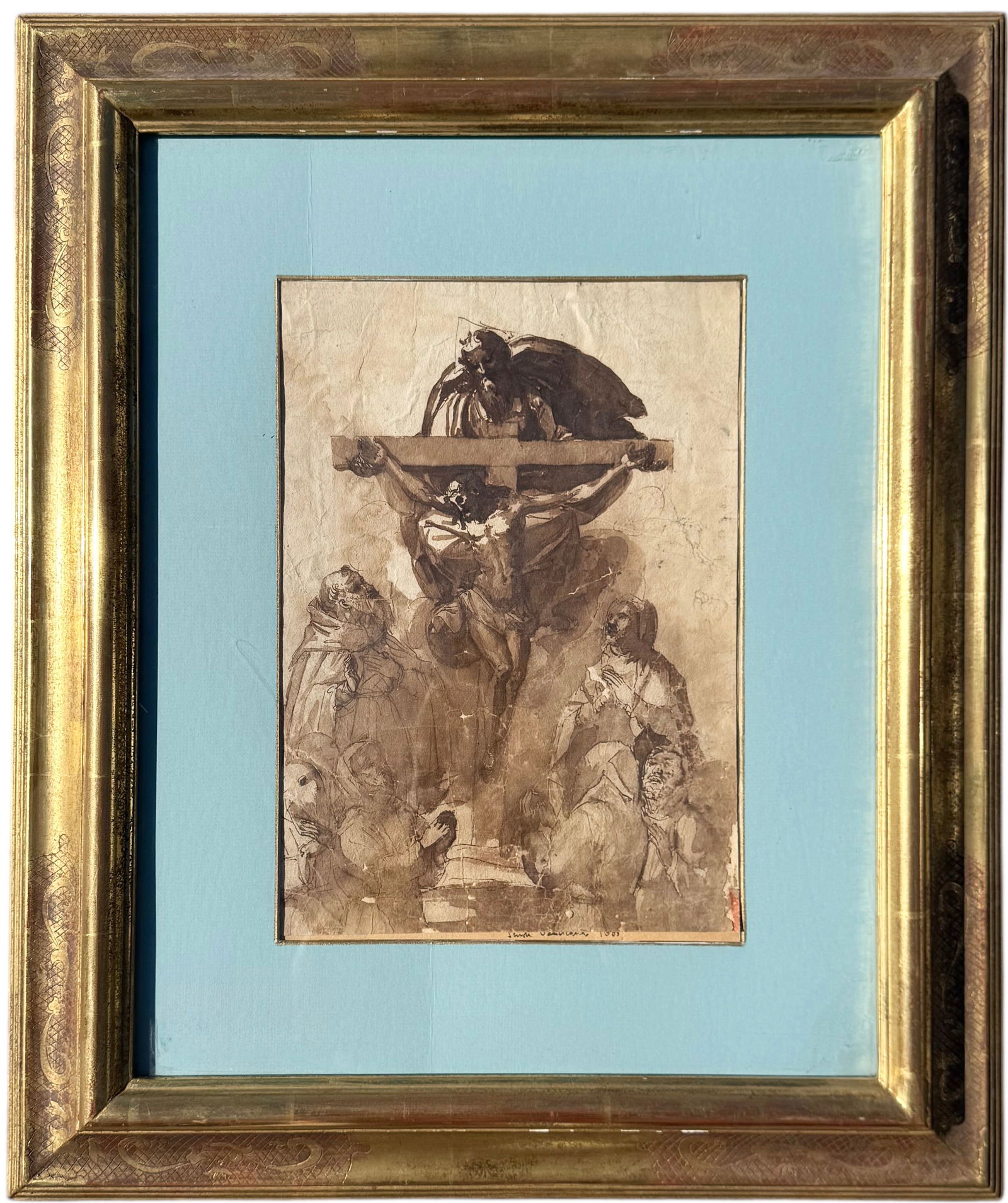 Attrib. GIUSEPPE ALVINO (c.1550 - 1611, Italian) Old Master Ink Drawing, Crucifixion: Watercolor on paper 14 x 9 1/2 in, 25 x 21 in (framed). Domestic Flat Shipping Price: $90