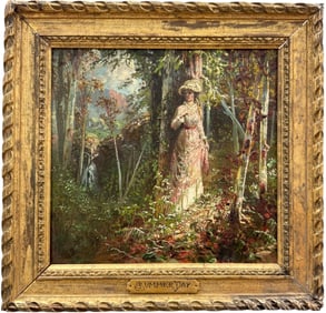 "Summer Day" American Impressionist Lady In Landscape Oil Painting