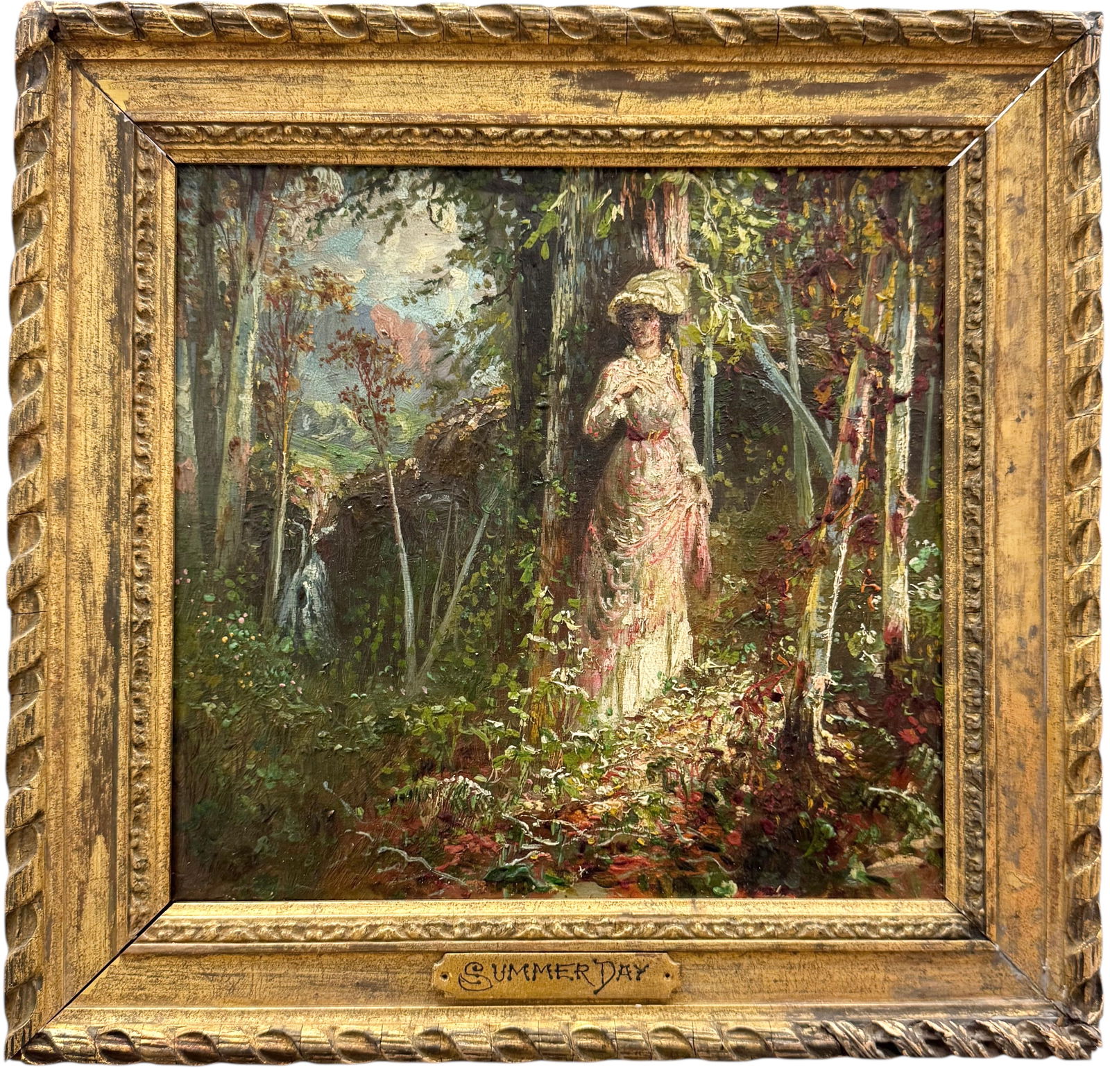 "Summer Day" American Impressionist Lady In Landscape Oil Painting: Oil painting on board 9 x 9 1/2 in, 13 x 13 1/2 in. Domestic Flat Shipping Price: $55