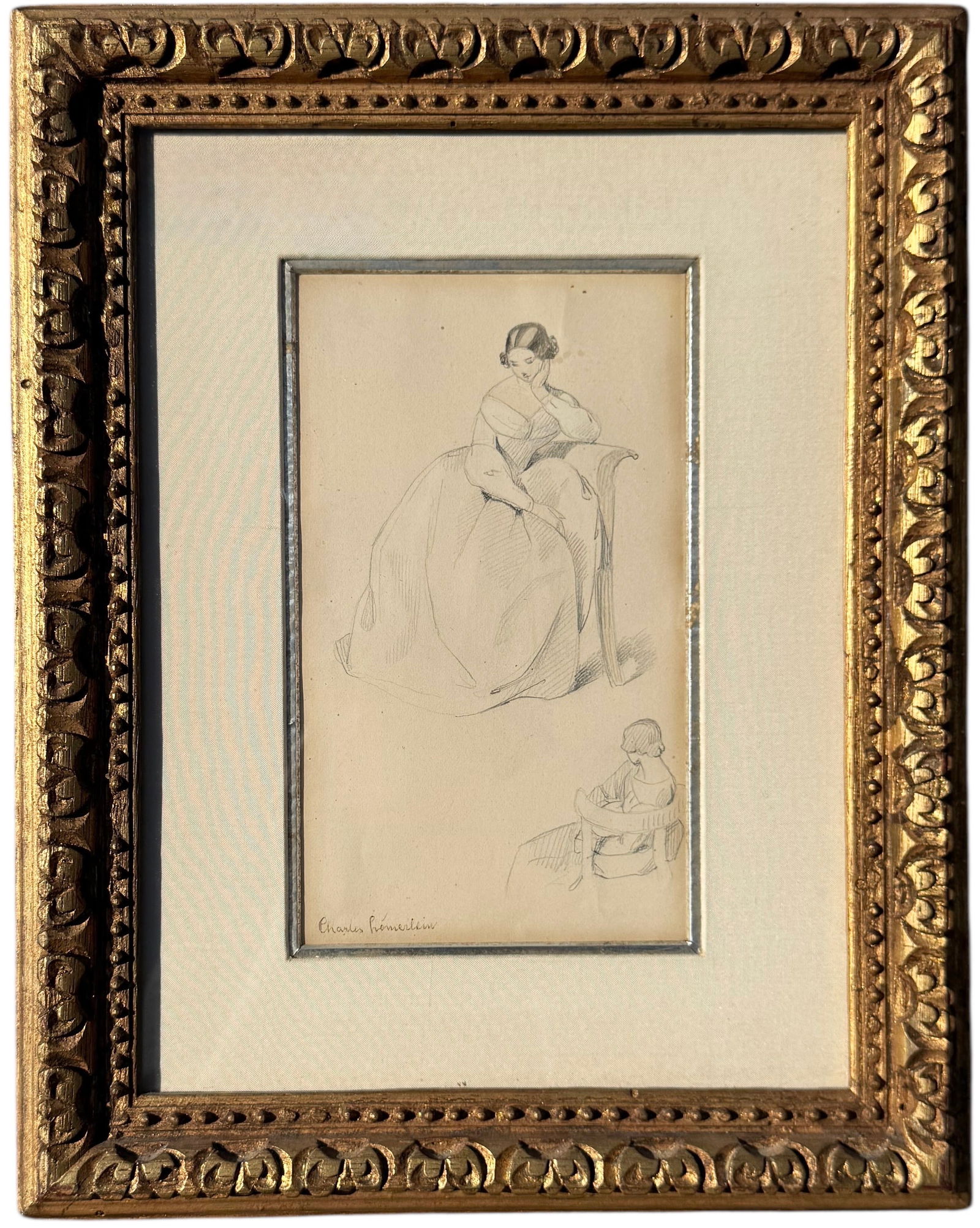 CHARLES HEMERLAIN 19th Century Graphite Sketches Of A Woman Nicely Framed (1 of 2)