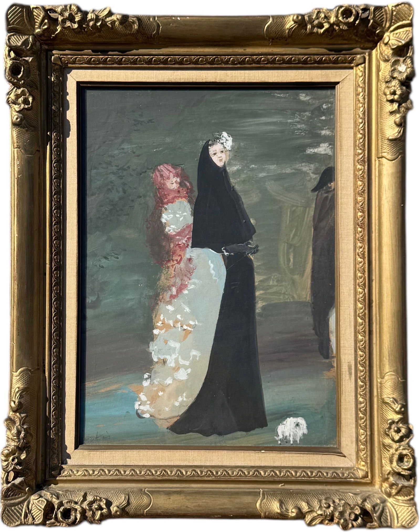 MARCEL VERTES (1895-1961, Hungarian) Women With Dog, Moulin Rouge Set Designer: Gouache on paper 17 1/4 x 12 in (image), 24 x 19 in (framed). Domestic Flat Shipping Price: $80