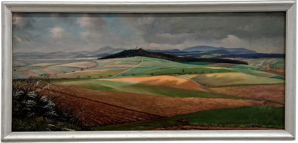 Large German School Vista Rural Landscape Signed Oil Painting On Canvas