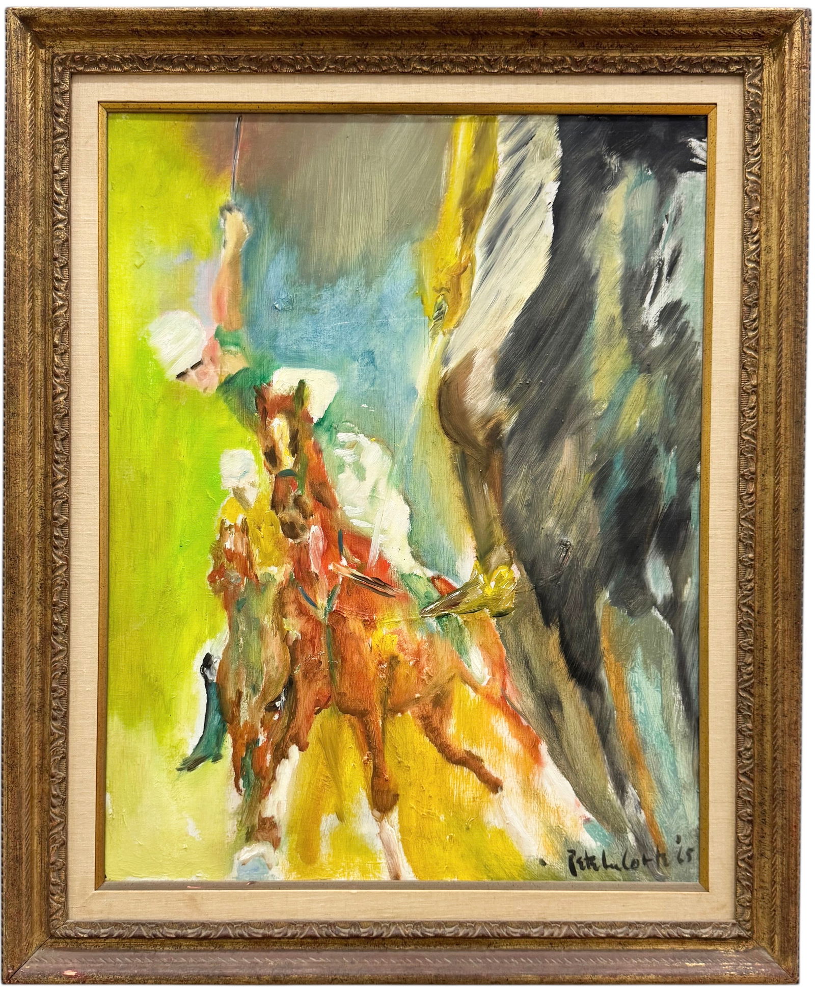 Mid-Century Modern 1960's American Signed Jockey Abstract Oil Painting: Oil painting on canvas 28 x 22 in, 35 1/2 x 29 1/2 in (framed). Domestic Flat Shipping Price: $90
