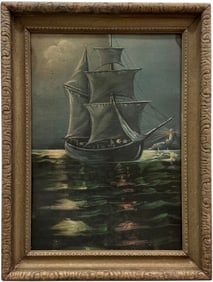 19th Century Nocturnal Seascape With Pirate Ship & Lighthouse Oil Painting