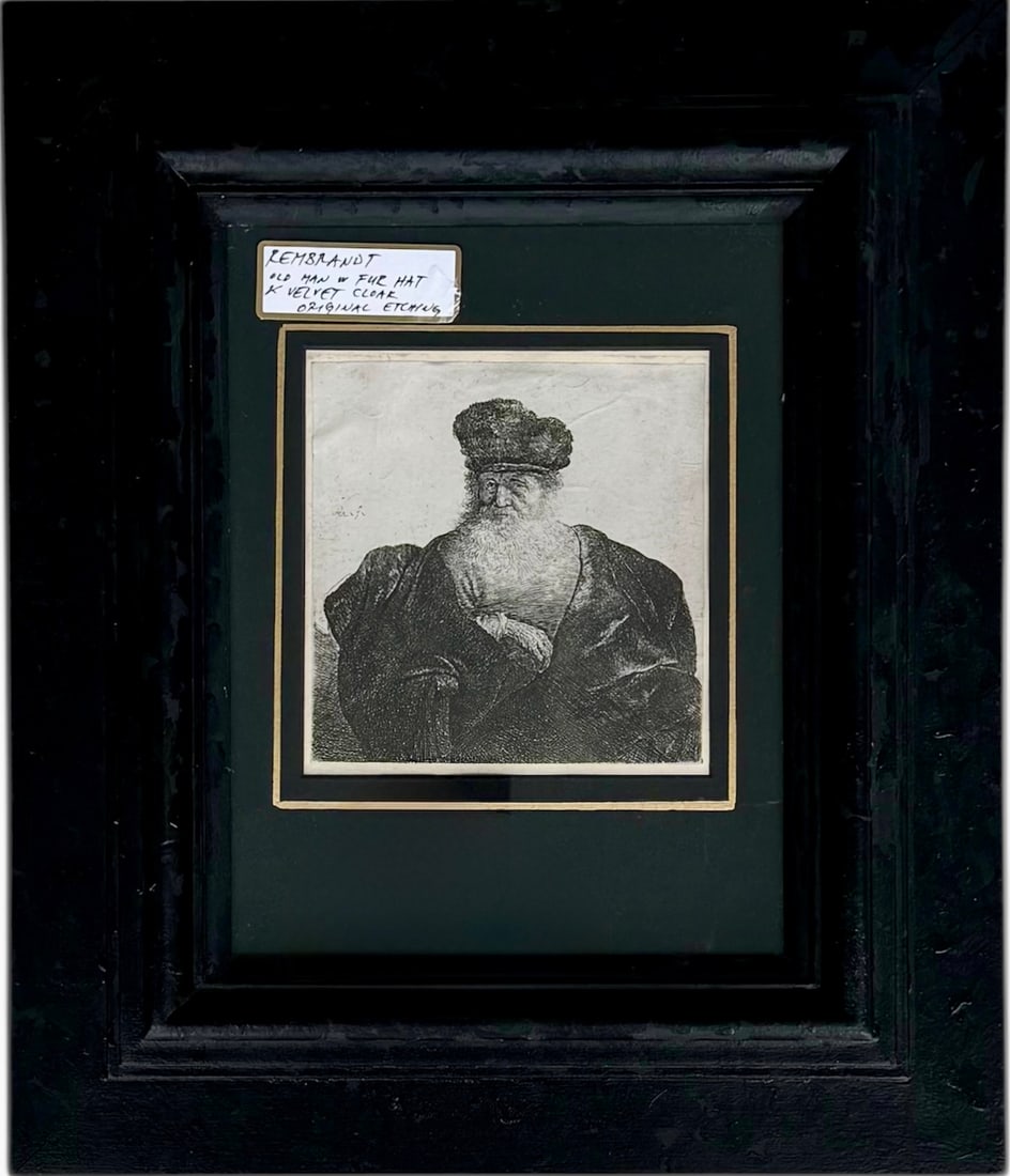 Rembrandt, Old Man with Beard, Fur Cap, and Velvet Cloak, Etching: Size 5 1/8 x 5 1/8 in, 15 x 23 in (framed). Domestic Flat Shipping Price: $80