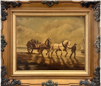 Early 20th Century Continental School Horses With Buggy Signed Oil Painting