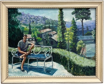 20th Century Handsome Man In Italian Landscape Signed Oil Painting