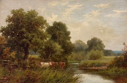 19th Century Pastoral Landscape Of Grazing Cows Oil Painting On Canvas