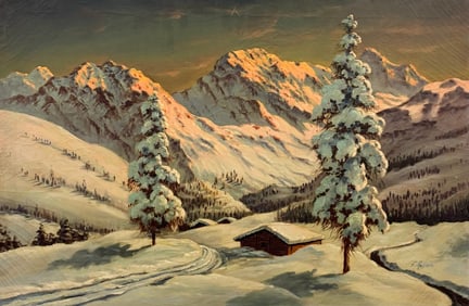 FRANCES RAYNER (20th c, German) "Sunlit Hills" Luminist Snowy Mountain Landscape