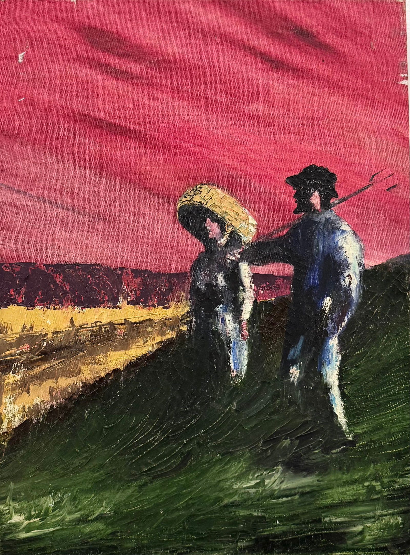 American Modernist Farmers In Landscape Oil Painting On Canvas: Oil painting on canvas 24 x 18 in. Domestic Flat Shipping Price: $55