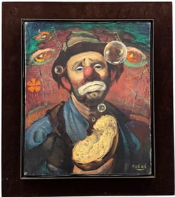 Nicely Framed Modernist Portrait Of A Sad Clown Signed Oil Painting