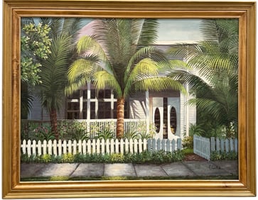 20th Century Tropical Florida Landscape With House Oil On Canvas