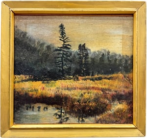 Early American School Landscape Signed Oil Painting On Canvas