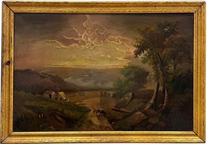 19th Century American Landscape Sunrise Vista With Cattle Possibly Hudson River School