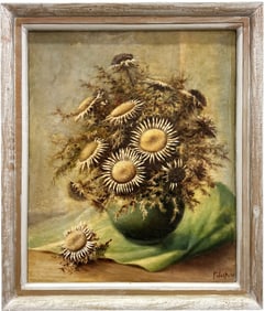 1940's German School Hyperrealist Still Life Of Thistles Signed Oil Painting