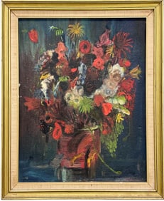 Circa 1940's Signed European Still Life Basket Of Flowers Modernist Oil Painting