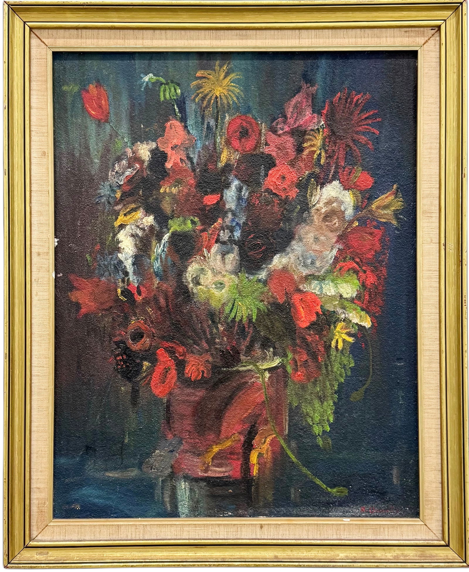 Circa 1940's Signed European Still Life Basket Of Flowers Modernist Oil Painting: Oil painting on board 28 1/2 x 22 1/2 in, 33 x 27 in (framed). Domestic Flat Shipping Price: $80