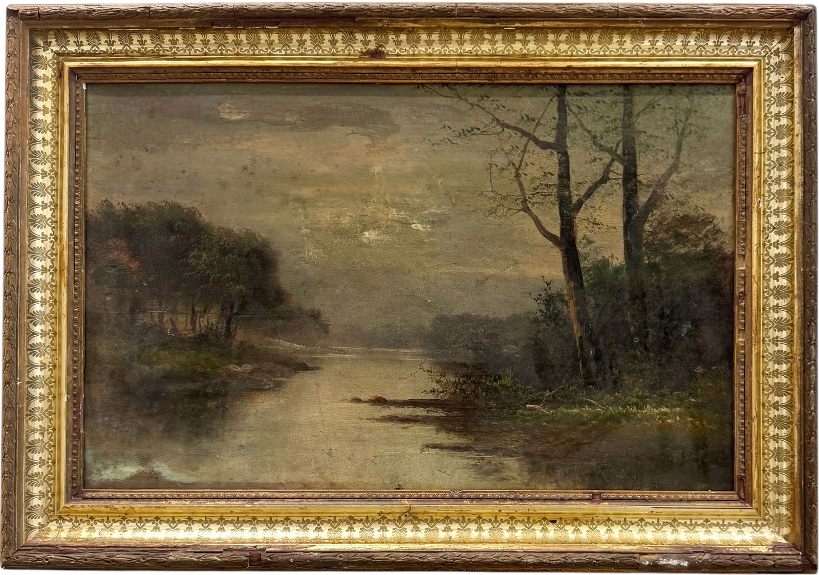 19th Century American Hudson River School Tonalist Landscape Oil Painting: Oil painting on canvas 22 x 14 in, 27 x 19 in (framed). Appears unsigned. Domestic Flat Shipping Price: $80