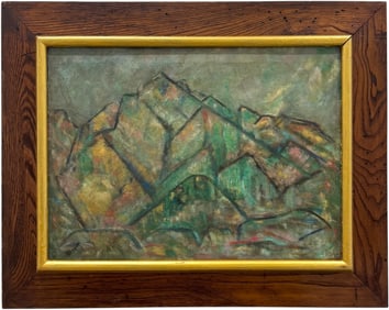 Vintage American Modernist Mountain Landscape Signed Oil Painting