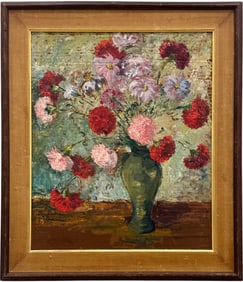 Circa 1940's American School Still Life Vase With Flowers Impressionist Oil Painting