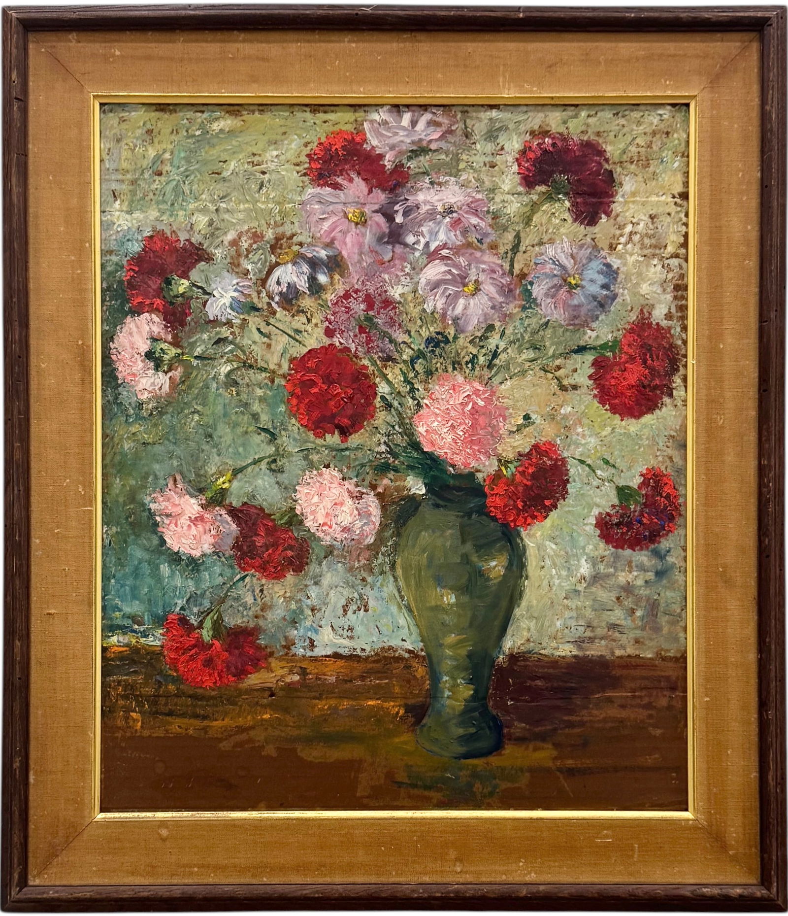 Circa 1940's American School Still Life Vase With Flowers Impressionist Oil Painting (1 of 3)