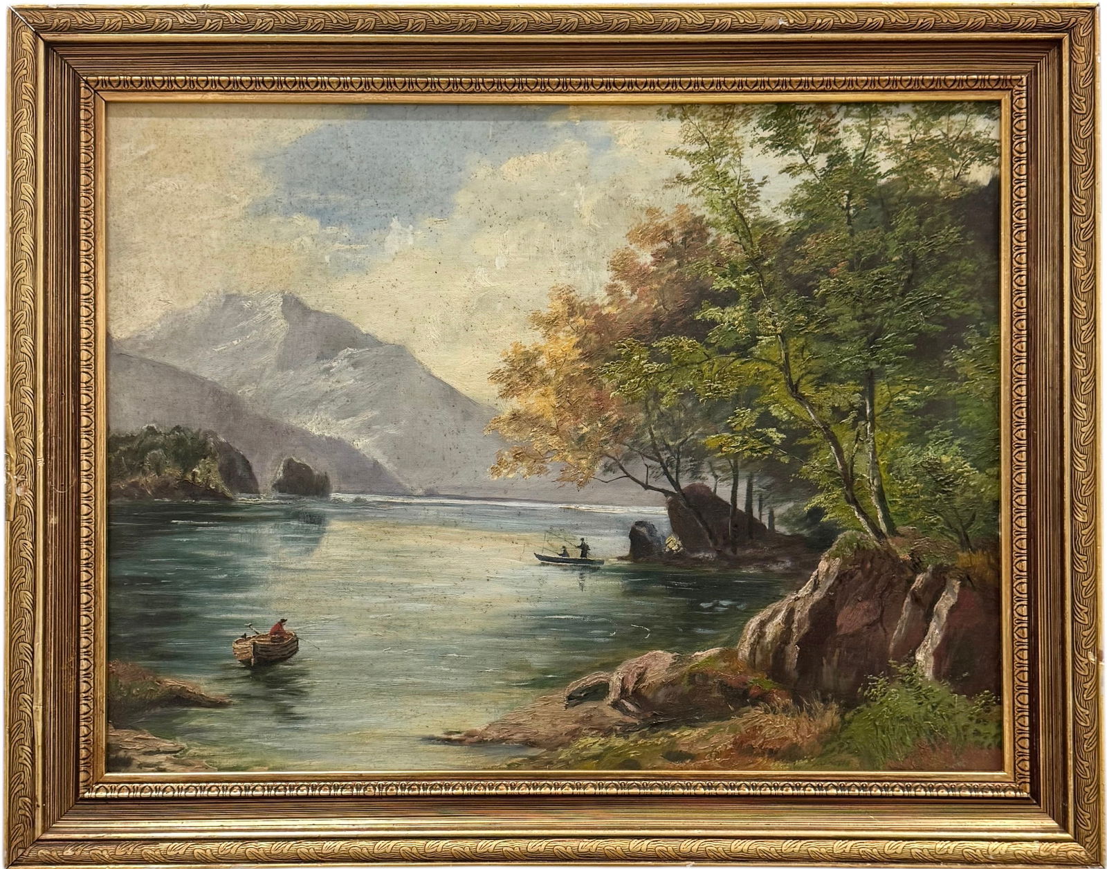 Circa Late 19th Century American School Mountain Lake Landscape With Fishermen (1 of 4)