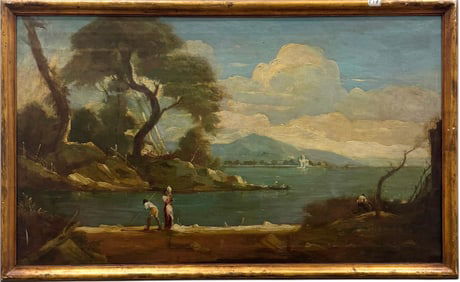 Large 19th Century Italian School Neapolitan Landscape With Figures Oil Painting