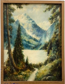 Early 20th Century American Western Mountain Lake Landscape Oil Painting