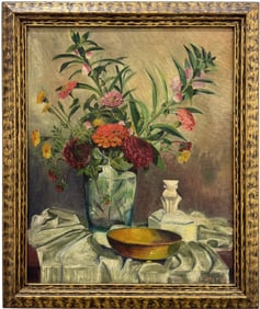 Nicely Framed European School Still Life Of Flowers Signed Oil Painting