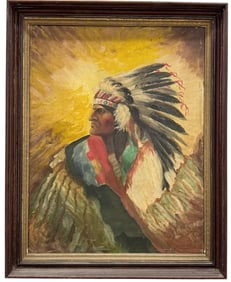 19th Century Native American Portrait Of Lakota Sioux Chief Blue Horse Signed Dated 1882
